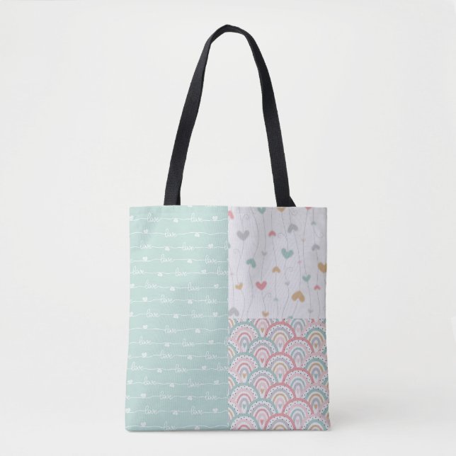 Cute Patchwork Love Hearts Rainbows Tote Bag