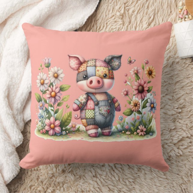Cute Patchwork Piglet in Floral Garden Cushion (Blanket)