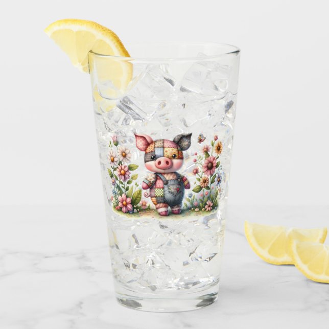 Cute Patchwork Piglet in Floral Garden Glass (Front Ice)