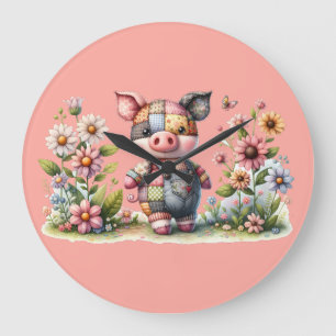 Cute Patchwork Piglet in Floral Garden Large Clock