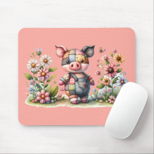 Cute Patchwork Piglet in Floral Garden Mouse Pad