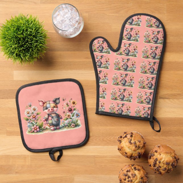 Cute Patchwork Piglet in Floral Garden Oven Mitt & Pot Holder Set (Top Down)