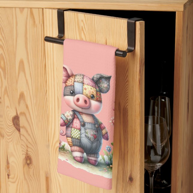 Cute Patchwork Piglet in Floral Garden Tea Towel (Thirds Fold)