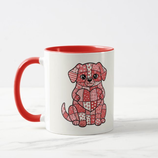 Cute Patchwork Puppy Dog with Heart Illustration  Mug (Left)