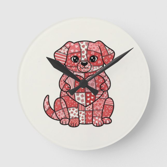 Cute Patchwork Puppy Dog with Heart Illustration  Round Clock (Front)
