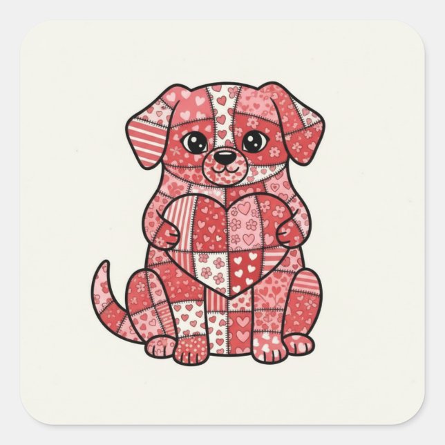 Cute Patchwork Puppy Dog with Heart Illustration  Square Sticker (Front)