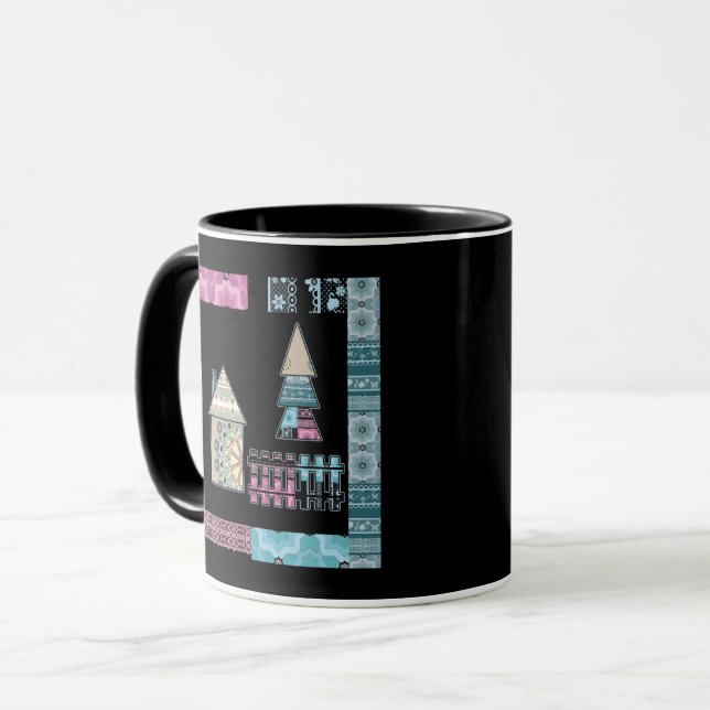 Cute patchwork quilting house tree abstract shapes mug (Front Left)