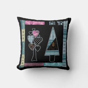 Cute patchwork quilting tree abstract shapes black cushion