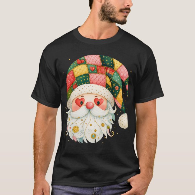 Cute Patchwork Santa Claus Christmas Hat T-Shirt (Front)