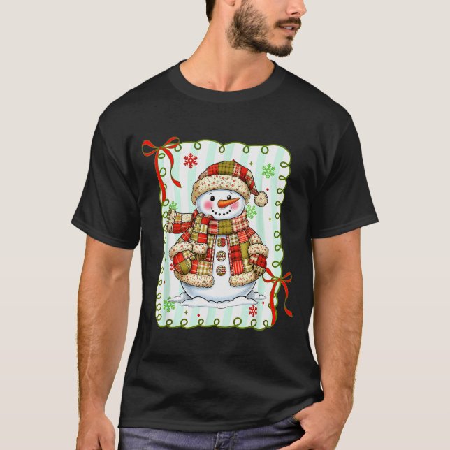 Cute Patchwork Snowman Bow Christmas Xmas Men Wome T-Shirt (Front)