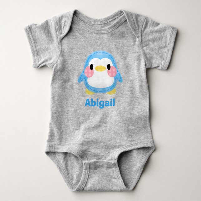 Cute Patchwork Style Penguin Art Personalised Baby Bodysuit (Front)
