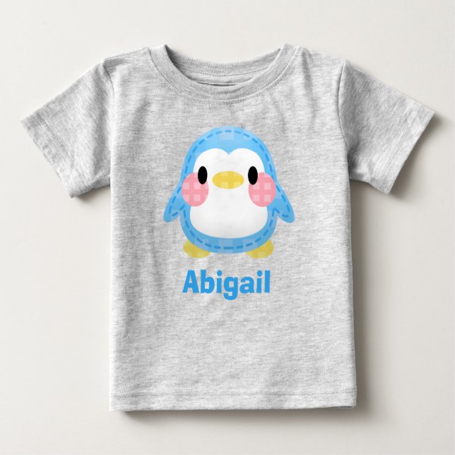 Cute Patchwork Style Penguin Art Personalised Baby T-Shirt (Front)