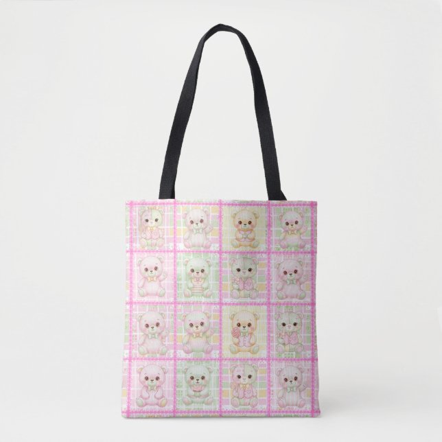 Cute Patchwork Teddy Bear Quilt Seamless Tote Bag (Front)
