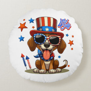Cute, patriotic 4th of July dog/puppy Round Cushion