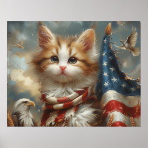 Cute Patriotic Cat Wraped in USA Flag Poster