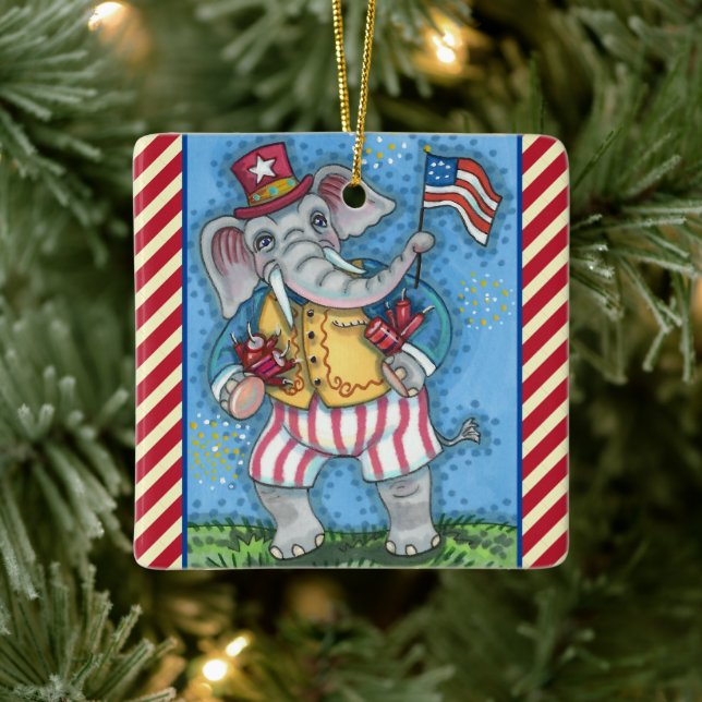 CUTE PATRIOTIC ELEPHANT WAVING AMERICAN FLAG CERAMIC ORNAMENT (Tree)