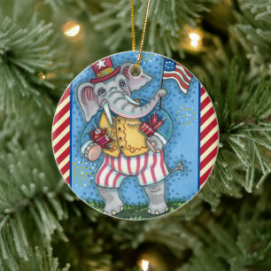 CUTE PATRIOTIC ELEPHANT WAVING AMERICAN FLAG CERAMIC TREE DECORATION