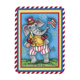 CUTE PATRIOTIC ELEPHANT WAVING AMERICAN FLAG MAGNET