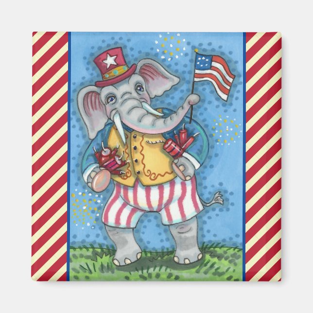 CUTE PATRIOTIC ELEPHANT WAVING AMERICAN FLAG MAGNET (Front)