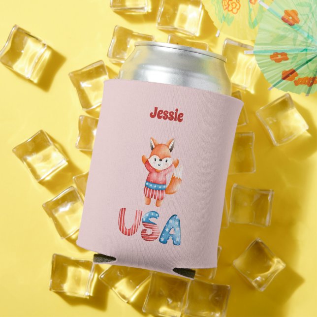 Cute Patriotic Fox Personalised Can Cooler (In Situ Summer)
