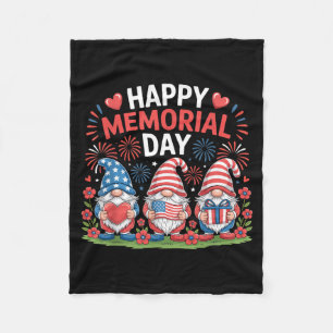 Cute Patriotic Gnome Happy Memorial Day Red White Fleece Blanket