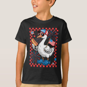 Cute Patriotic Goose Hotdog Usa Flag Boys Kids 4th T-Shirt