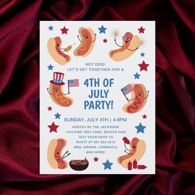 Cute Patriotic Hot Dog 4th of July Invitation Postcard (Creator Uploaded)