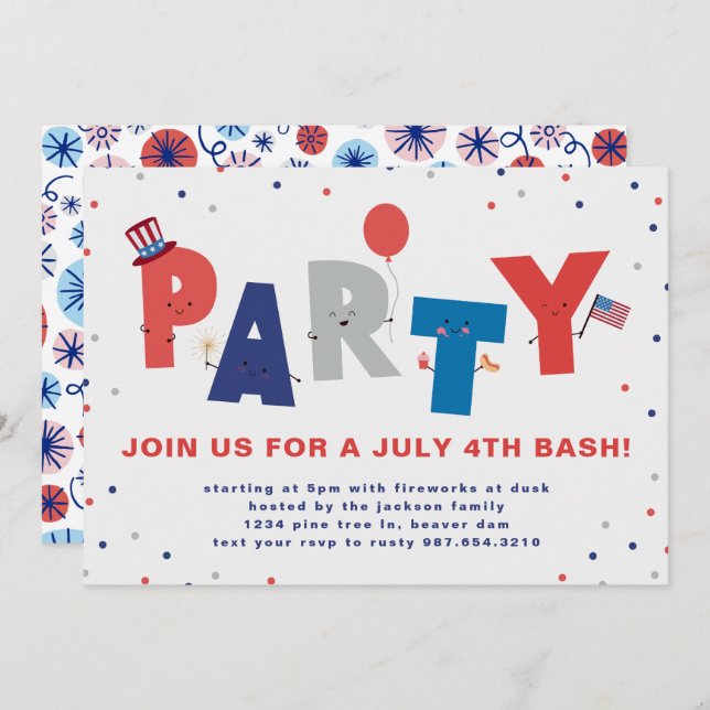 Cute Patriotic July 4th Party Invitation (Front/Back)