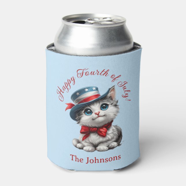 Cute Patriotic Kitten Cat July 4th  Can Cooler (Can Front)