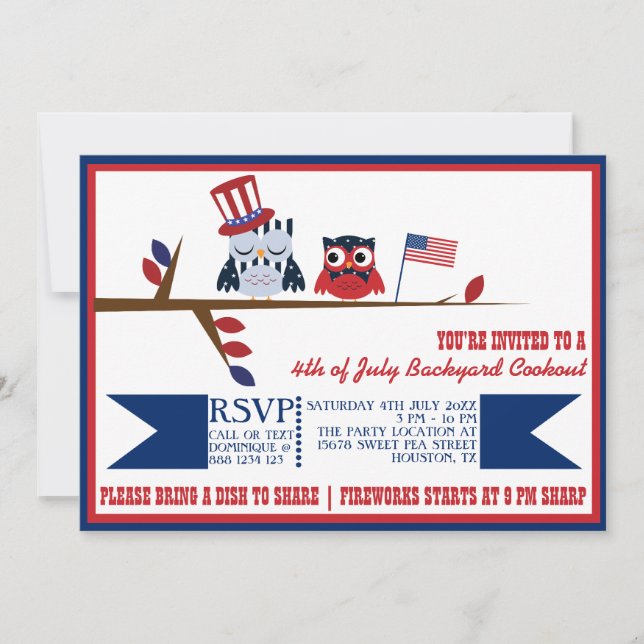 Cute Patriotic Owls Fourth of July Invitation (Front)