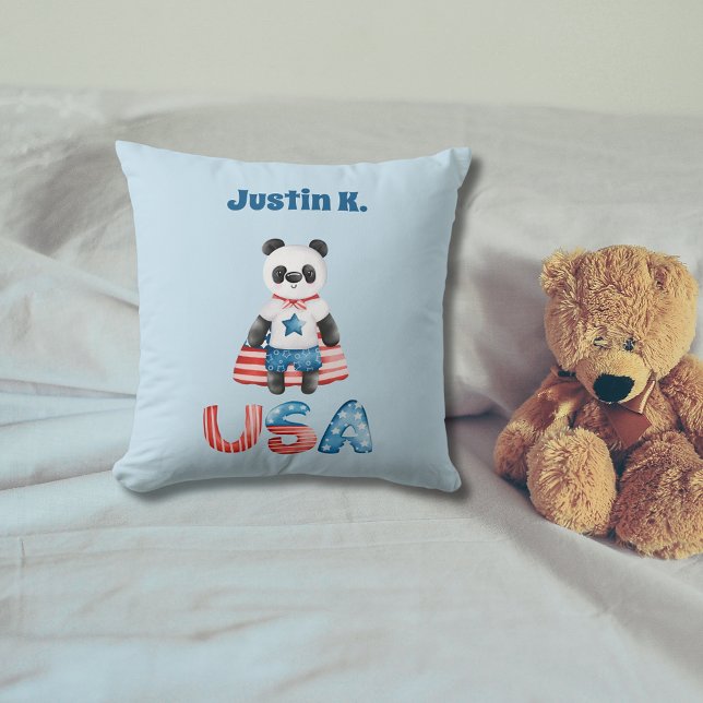 Cute Patriotic Panda Superhero Personalised Cushion (Creator Uploaded)