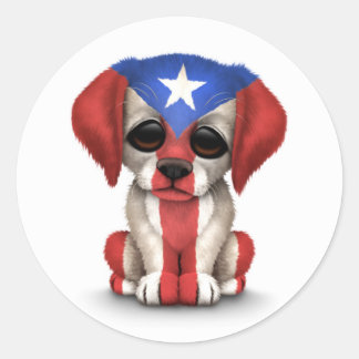 Cute Patriotic Puerto Rico Flag Puppy Dog, White Classic Round Sticker