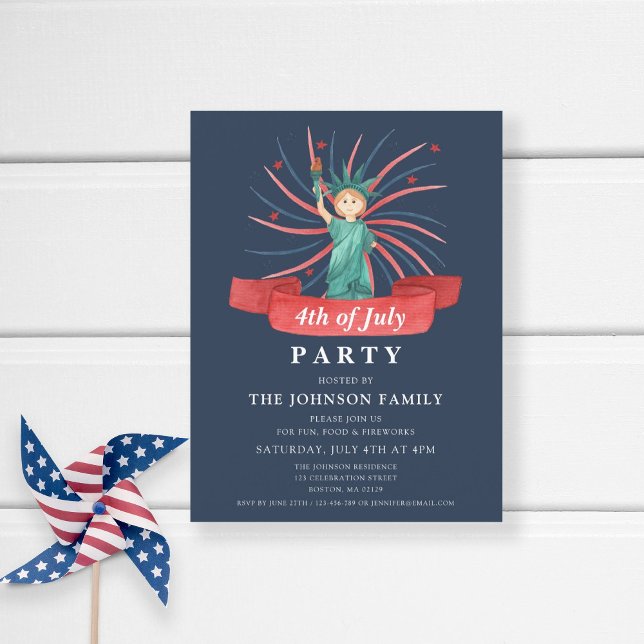Cute Patriotic Red White And Blue 4th of July Invitation Postcard (Patriotic Statue Of Liberty Blue 4th Of July Party Invitation Postcard
)