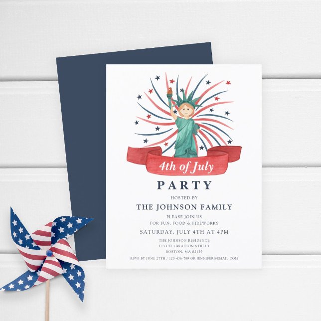 Cute Patriotic Red White And Blue 4th of July Invitation Postcard (4th Of July Party Cute Patriotic Statue Of Liberty Invitation Postcard)
