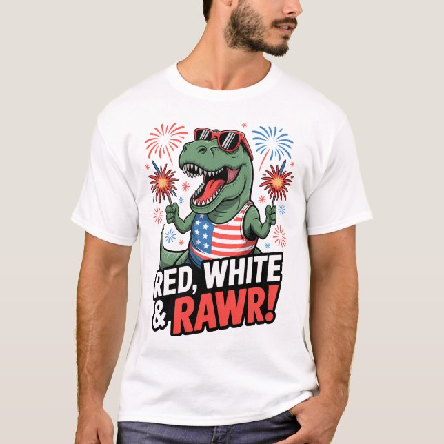 Cute Patriotic T-Rex 4th of July Red White & Blue T-Shirt (Front)