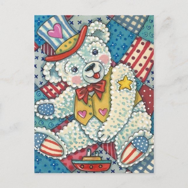 CUTE PATRIOTIC TEDDY BEAR, BOAT & PATCHWORK QUILT POSTCARD (Front)