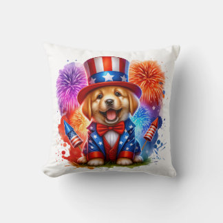 Cute Patriotic Uncle Sam Puppy Fireworks Cushion