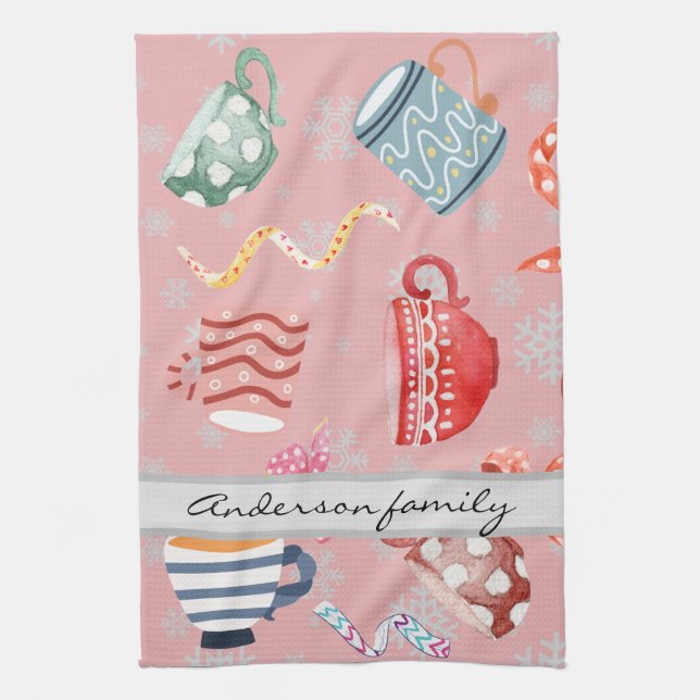 Cute pattern monogrammed keepsake red Christmas Tea Towel (Vertical)