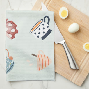 Cute pattern of colourful mugs blue dots stripes  tea towel