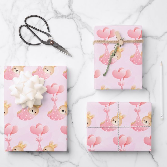 Cute Pattern with Baby Bunny in a Heart Blanket Wrapping Paper Sheet (Front)