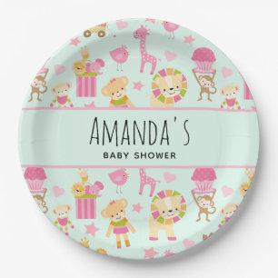 Cute Pattern with Happy Animals & Toys Baby Shower Paper Plate
