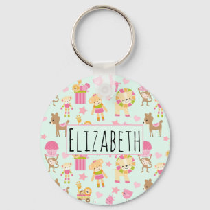 Cute Pattern with Happy Animals & Toys Key Ring