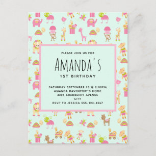 Cute Pattern with Nursery Animals & Toys  Birthday Invitation Postcard