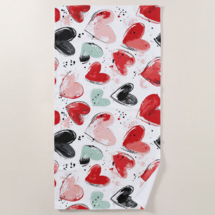 cute pattern with painted hearts watercolor  beach towel