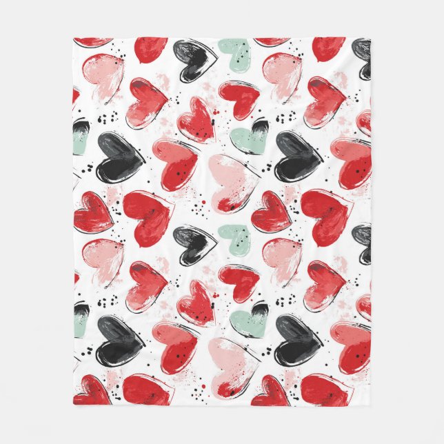 cute pattern with painted hearts watercolor  fleece blanket (Front)