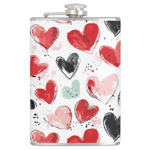 cute pattern with painted hearts watercolor  hip flask