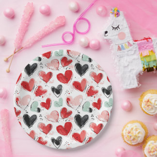 cute pattern with painted hearts watercolor paper plate