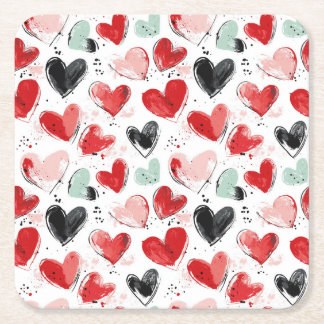 cute pattern with painted hearts watercolor square paper coaster