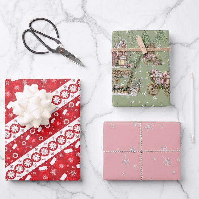 Cute pattern Xmas red green pink snow classic gift Wrapping Paper Sheet (Front)