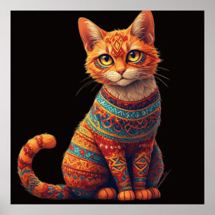 Cute Patterned Cat Illustration Folk Art Style Poster